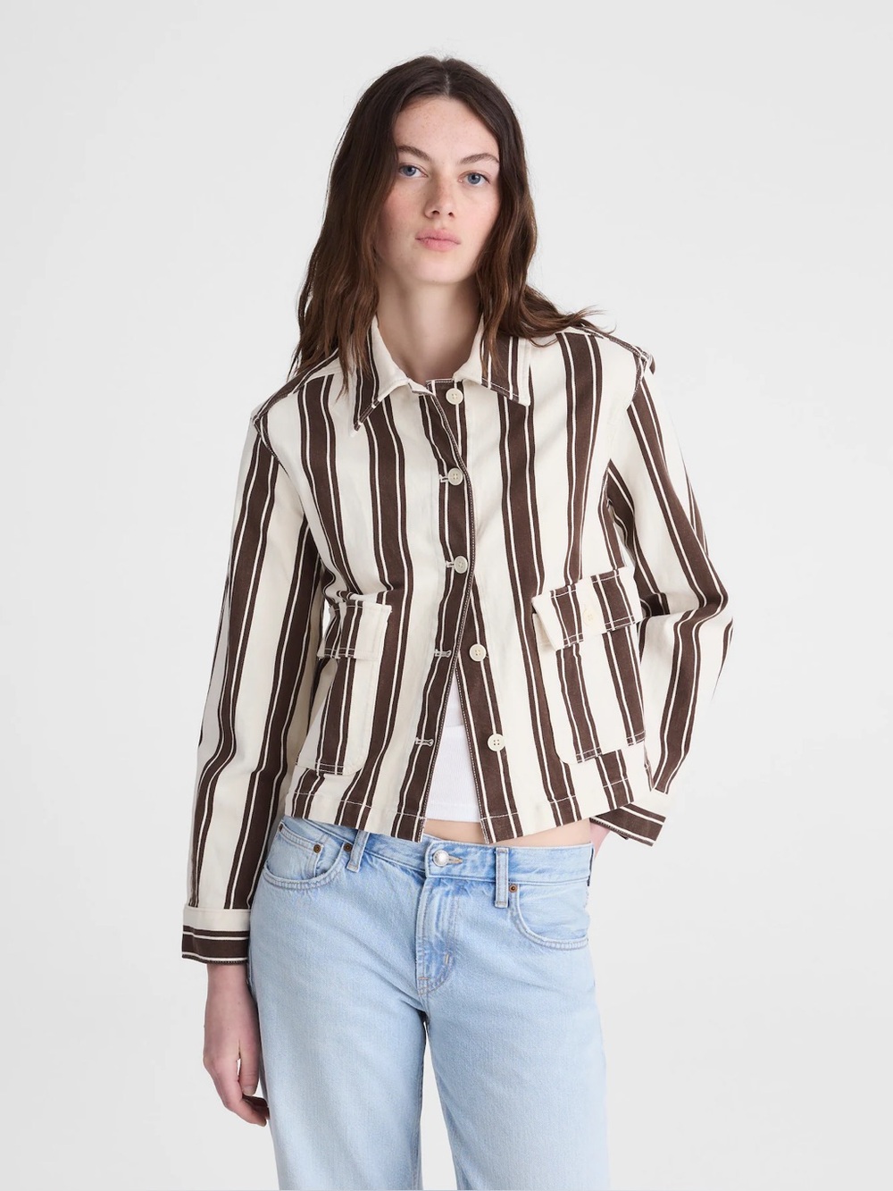 Madewell Striped Button Front Cropped Jacket - Brown & Cream